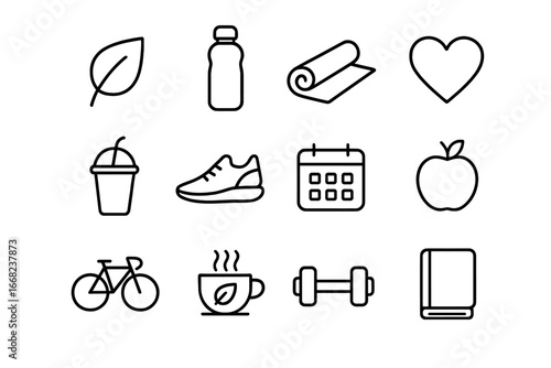 Eco Wellness Icons. Outline icon set of eco-friendly wellness plans: plant leaf, reusable bottle, yoga mat,