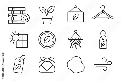 Eco-friendly Icon Set. Outline icon set of eco-friendly visual setups: recycled wood shelf, potted plant,