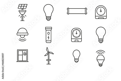 Eco-Friendly Lighting Icons. Outline icon set of eco-friendly lighting: solar lamp, LED bulb, daylight tube,