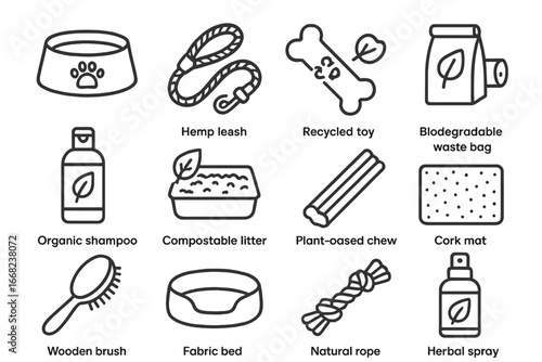 Eco-Friendly Pet Icons. Outline icon set of eco-friendly pet products: bamboo food bowl, hemp leash, recycled