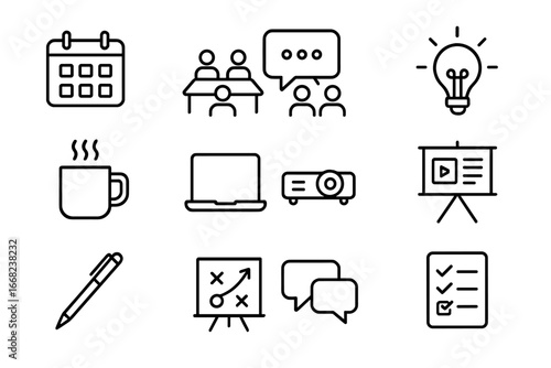 Editorial Meeting Icons. Outline icon set of editorial meetings: calendar, meeting table, group chat icon,