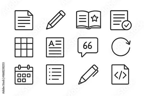 Editorial Process Icons. Outline icon set of editorial process: article draft, editor pen, style guide, copy