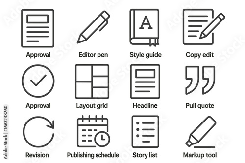 Editorial Process Icons. Outline icon set of editorial process: article draft, editor pen, style guide, copy