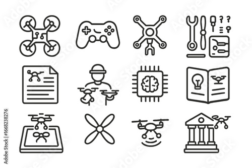 Educational Drone Icons. Outline icon set of educational drone kits: STEM drone, kids controller, drone build