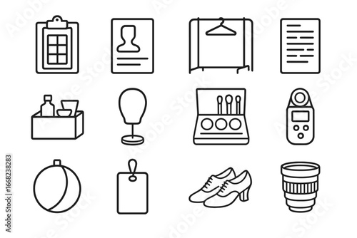 Editorial Icon Set. Outline vector icons of editorial photography props: editorial board, mood card, garment