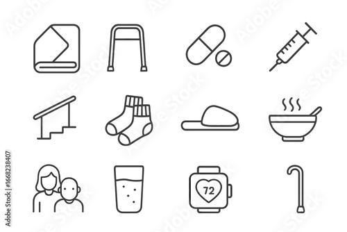 Elder Care Icons. Outline icon set of elderly care by season: warm blanket, mobility aid, vitamin pill,