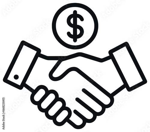 Financial agreement vector: business handshake, currency exchange, deal, partnership icon