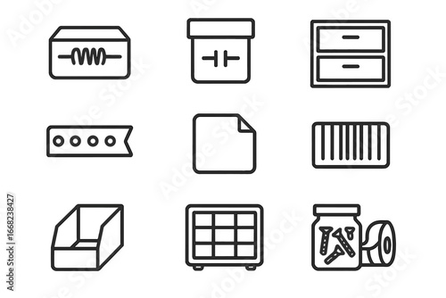 Electronic Parts Icons. Outline icon set of electronic parts labeling: resistor box, capacitor case, drawer
