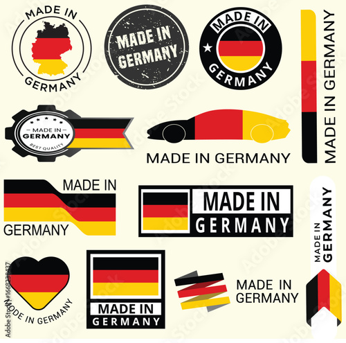Collection of made in Germany logos, signs and product origin labels for export packaging.