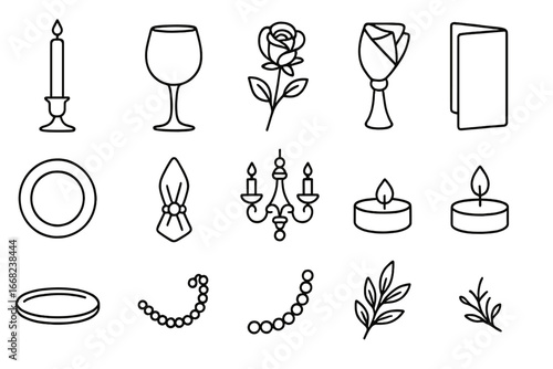 Elegant Dinner Icon Set. Outline icon set of elegant dinner candle decor: tall taper candle, silver holder,