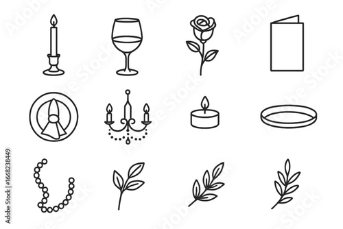 Elegant Dinner Icon Set. Outline icon set of elegant dinner candle decor: tall taper candle, silver holder,