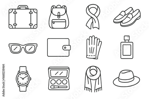 Elegant Travel Essentials. Outline icon set of elegant luggage and accessories: leather suitcase, designer