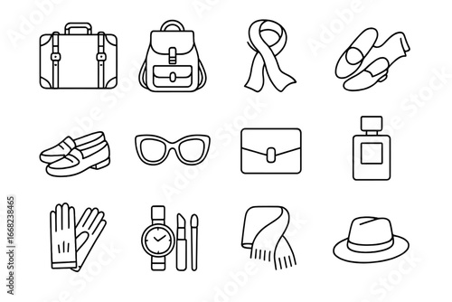 Elegant Travel Essentials. Outline icon set of elegant luggage and accessories: leather suitcase, designer