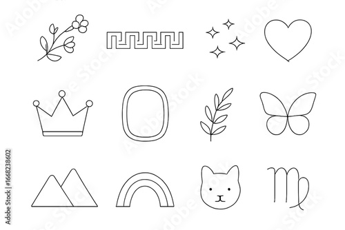 Embroidery Icon Set. Outline vector icons of embroidery design motifs: floral vine, geometric border, star