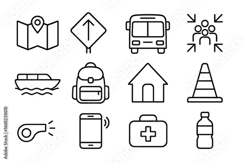 Emergency Evacuation Icons. Outline icon set of emergency evacuation planning: maps, road signs, evacuation