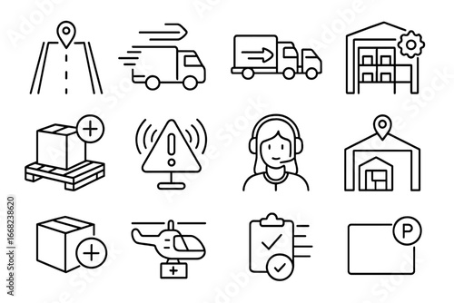 Emergency Logistics Icons. Outline vector icons of emergency logistics response: crisis route, rapid delivery