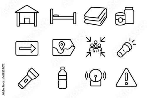 Emergency Shelter Icons. Outline icon set of emergency shelter planning: shelter building, bed, blanket, food