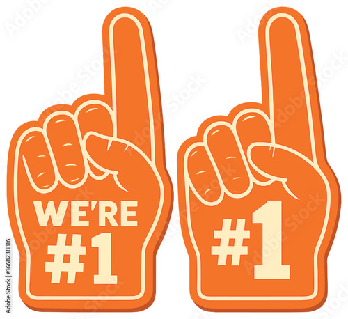 Foam finger vector: sports celebration foam hands, cheerful #1 fan symbol for events