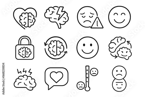 Emotional Memory Icons. Outline icon set of emotional memory: heart-brain icon, memory flash, emotional