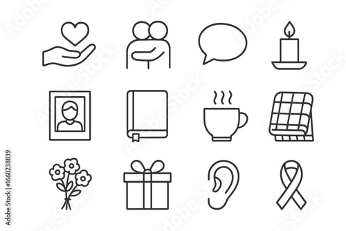 Emotional Support Icons. Outline icon set of emotional support for ill family: hand holding heart, hug,