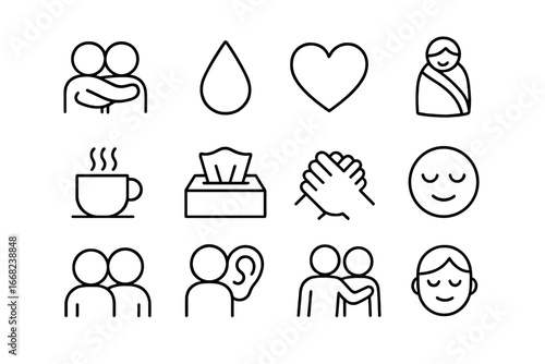 Emotional Support Icons. Outline icon set of emotional support between friends: two people hugging, tear drop,