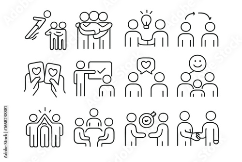 Emotionally Intelligent Icon Set. Outline icon set of emotionally intelligent team building: trust fall, group