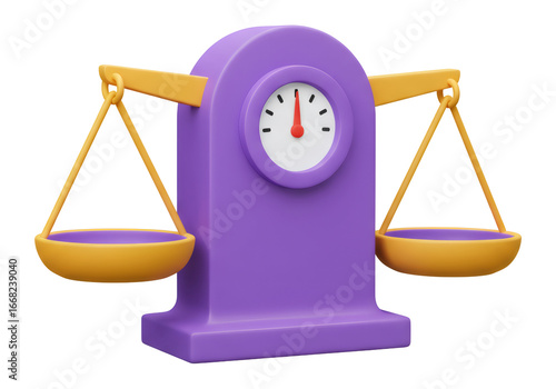 Purple Balance Scale With Golden Bowls And Centered Clock Face