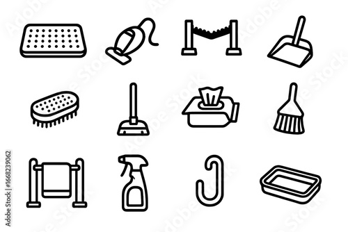 Entryway Cleaning Icons. Outline icon set of entryway cleaning tools: floor mat, small vacuum, boot scraper,