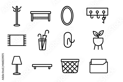 Entryway Décor Icons. Outline icon set of entryway décor: coat rack, shoe bench, mirror, key holder, rug,