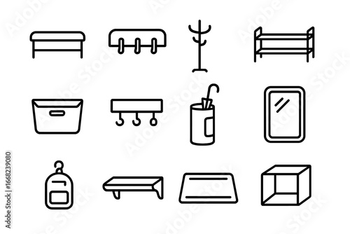 Entryway Furniture Icons. Outline icon set of modern entryway furniture: bench seat, wall hooks, coat hanger,