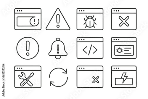 Error Icon Set. Outline icon set of code error pop-up: error message, warning sign, bug icon, cross mark,