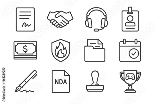 Esports Contract Icons. Outline icon set of professional gaming contracts: signed document, handshake, gaming