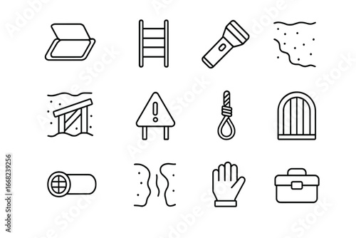 Escape Route Icons. Outline icon set of escape tunnel: hatch door, ladder, flashlight, dirt wall, plank