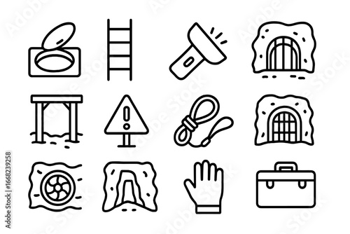 Escape Route Icons. Outline icon set of escape tunnel: hatch door, ladder, flashlight, dirt wall, plank