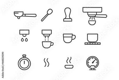Espresso Shot Icon Set. Outline icon set of espresso shot process: portafilter, dosing spoon, tamper, locked