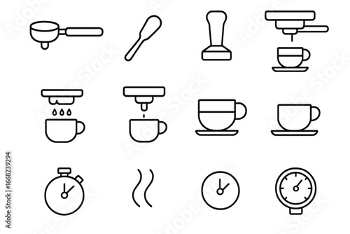 Espresso Shot Icon Set. Outline icon set of espresso shot process: portafilter, dosing spoon, tamper, locked