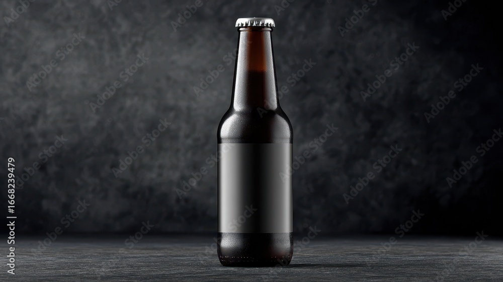 Fototapeta premium Glass Bottle Soda Mockup. Blank Black Beer Bottle with Label on Dark Background