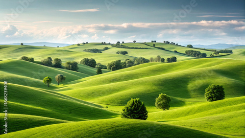 Lush green rolling hills with scattered trees under a cloudy sky green landscape countryside