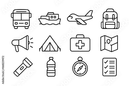 Evacuation Icon Set. Outline icon set of evacuation logistics: bus, boat, plane, backpack, megaphone, tent,