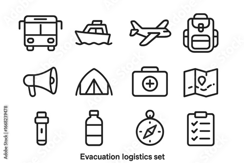 Evacuation Icon Set. Outline icon set of evacuation logistics: bus, boat, plane, backpack, megaphone, tent,