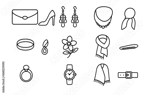 Evening Accessories Icons. Outline icon set of evening fashion accessories: clutch bag, high heels, chandelier