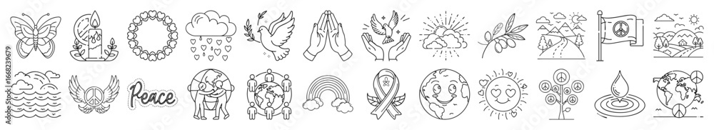 Fototapeta premium International Day of Peace Icons – Dove, Olive Branch, Harmony, Outline Vector Set