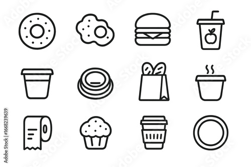 Express Breakfast Icons. Outline icon set of express breakfast stops: bagel, scrambled eggs, breakfast