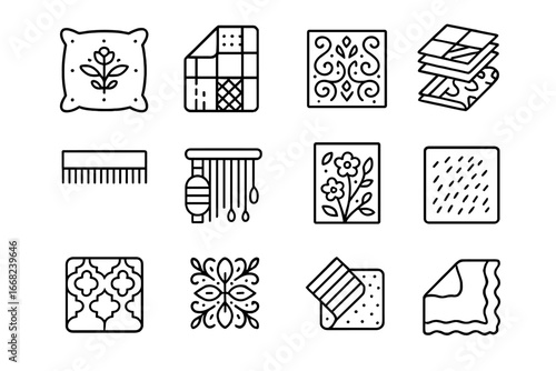 Expressive Textile Icons. Outline icon set of expressive textile design: embroidered cushion, patchwork quilt,