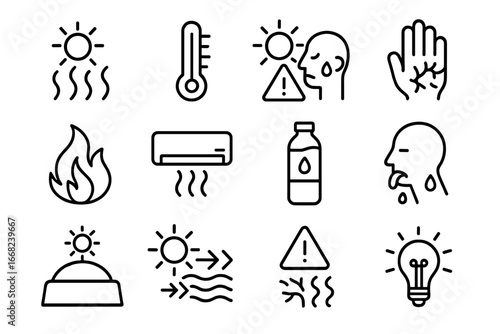 Extreme Heat Icons. Outline icon set of extreme heat effects: heatwave, thermometer icon, sunstroke alert, dry