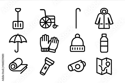 Extreme Weather Prep Icons. Outline icon set of extreme weather preparedness: snow shovel, wheelchair, cane,
