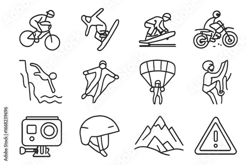 Extreme Sports Icons. Outline vector icons of extreme sports photography: BMX jump, snowboard flip, skate