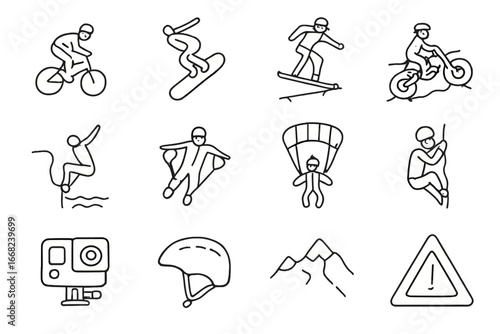 Extreme Sports Icons. Outline vector icons of extreme sports photography: BMX jump, snowboard flip, skate