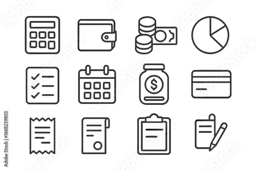 Family Budgeting Icons. Outline icon set of budgeting for family support: calculator, wallet, coins, banknotes