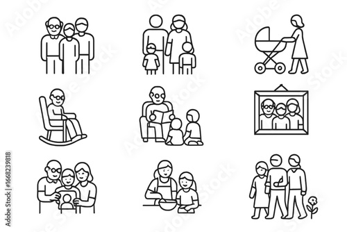 Family Bonding Icons. Outline icon set of multi-generational family bonding: grandparents, parents, children,